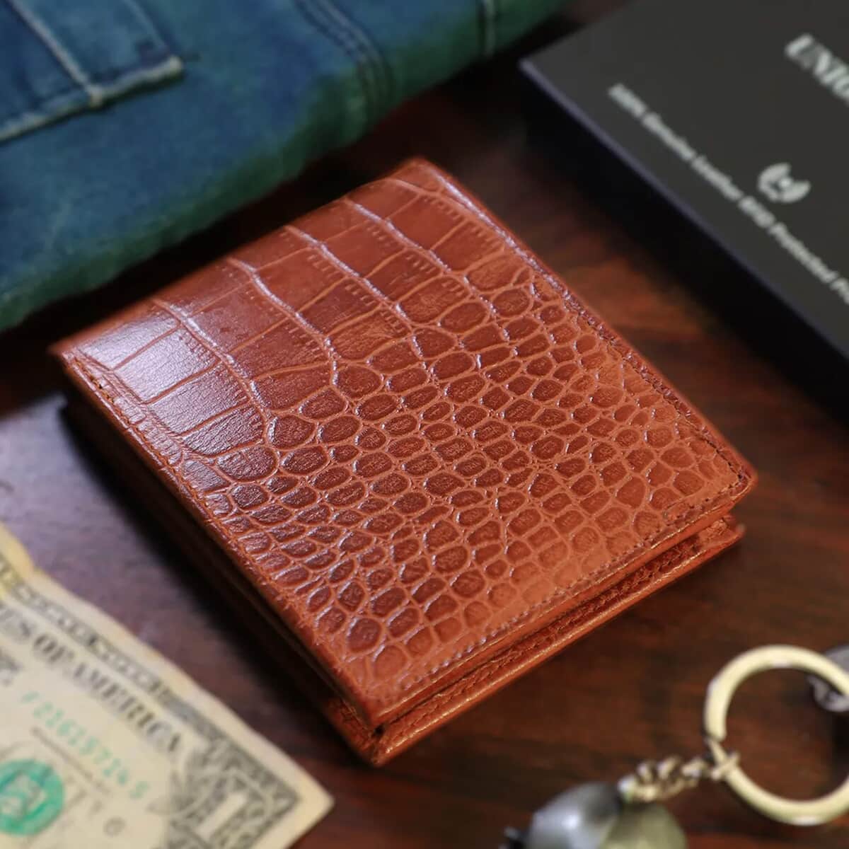 UNION CODE Tan Croco Embossed Genuine Leather RFID Bi Fold Men's Wallet | Leather Card Holder Travel Wallet | Leather Purse for Men image number 1