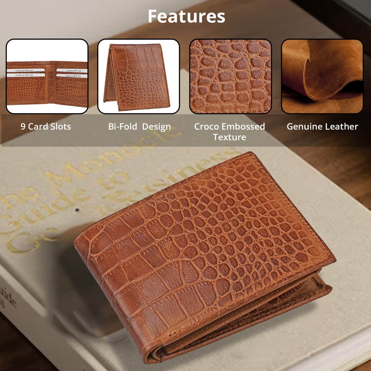 UNION CODE Tan Croco Embossed Genuine Leather RFID Bi Fold Men's Wallet | Leather Card Holder Travel Wallet | Leather Purse for Men image number 3