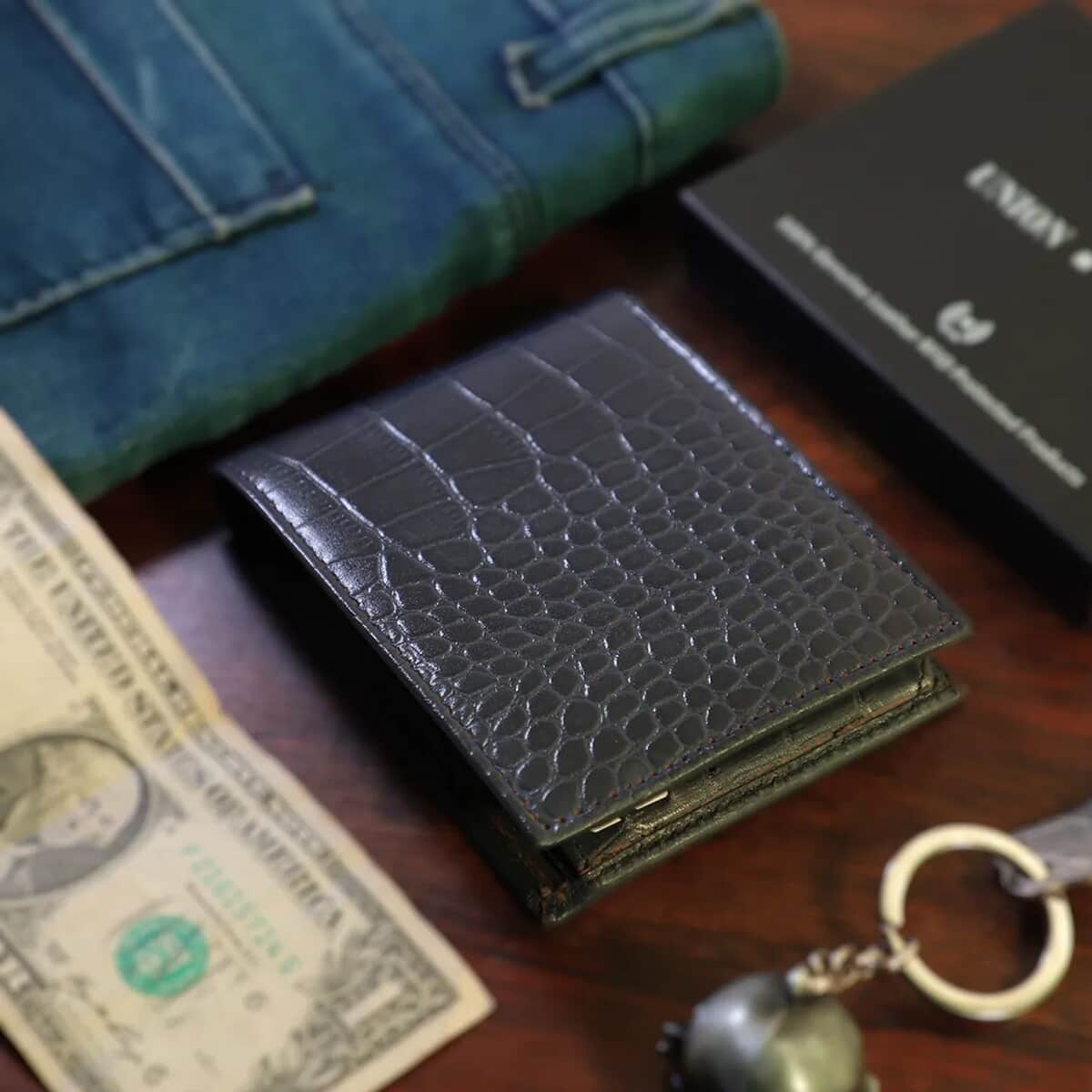 UNION CODE Navy Croco Embossed Genuine Leather RFID Bi Fold Men's Wallet | Leather Card Holder Travel Wallet | Leather Purse for Men image number 1