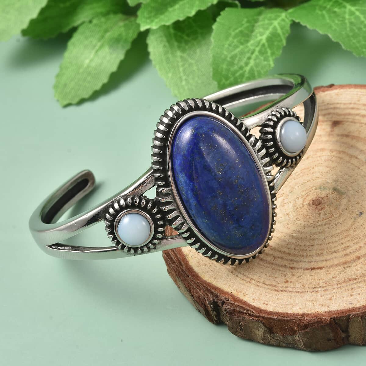 Lapis Lazuli and Opalite Cuff Bracelet in Stainless Steel (6.50 In) 24.00 ctw image number 1
