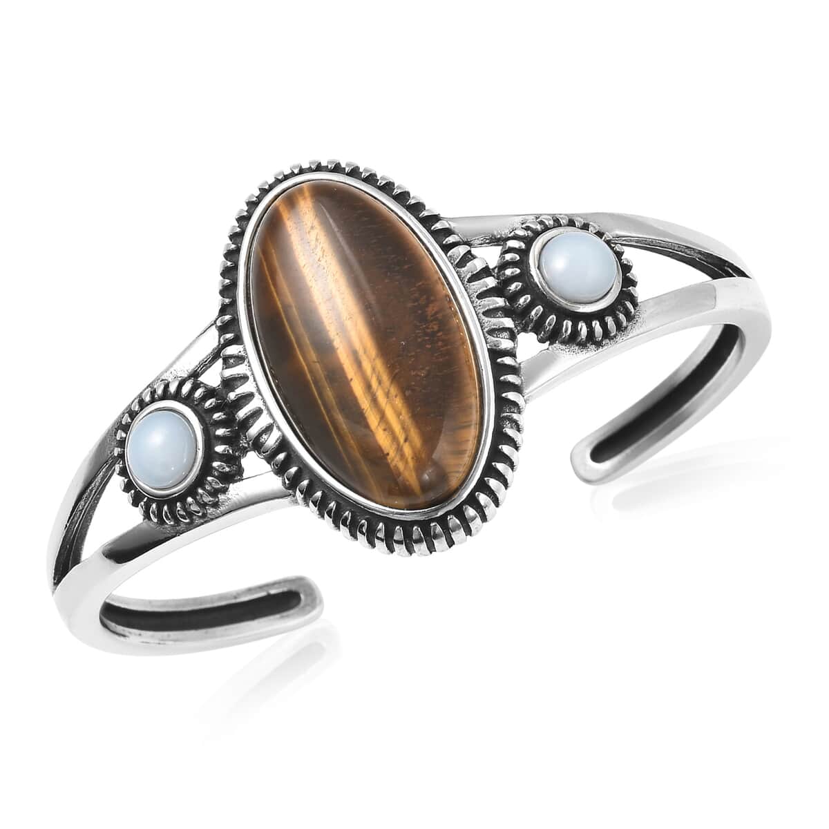 Yellow Tiger's Eye and Opalite Cuff Bracelet in Stainless Steel (6.50 In) 23.75 ctw image number 0