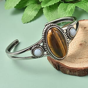 Yellow Tiger's Eye and Opalite Cuff Bracelet in Stainless Steel (6.50 In) 23.75 ctw
