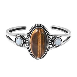 Yellow Tiger's Eye and Opalite Cuff Bracelet in Stainless Steel (6.50 In) 23.75 ctw