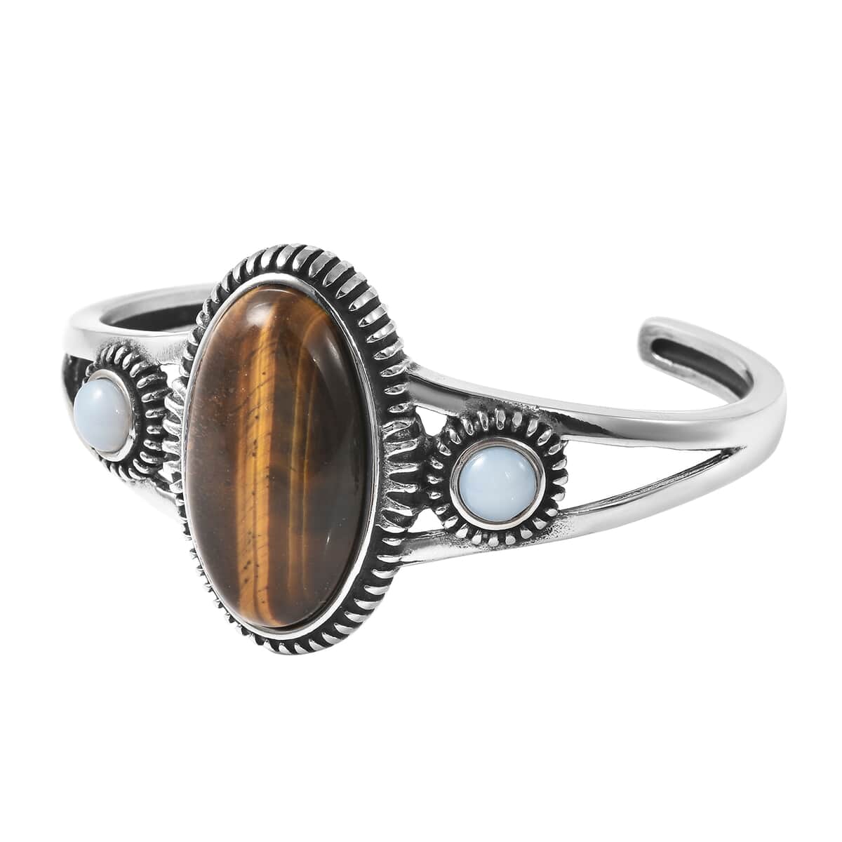 Yellow Tiger's Eye and Opalite Cuff Bracelet in Stainless Steel (6.50 In) 23.75 ctw image number 4