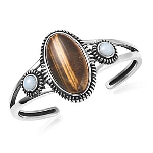 Yellow Tiger's Eye and Opalite Cuff Bracelet in Stainless Steel (8 In) 23.80 ctw