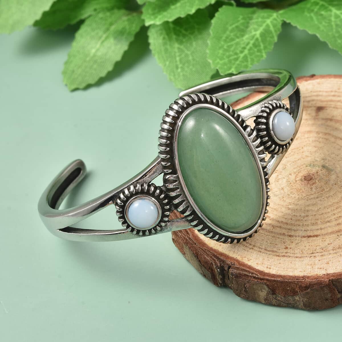 Green Aventurine and Opalite Cuff Bracelet in Stainless Steel (6.50 In) 23.50 ctw image number 1