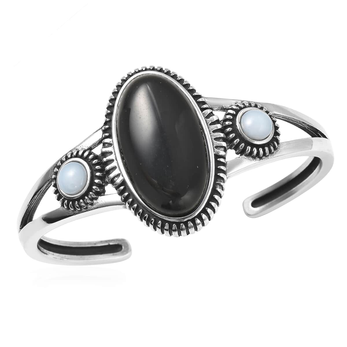 Black Agate and Opalite Cuff Bracelet in Stainless Steel (7.25 In) 22.00 ctw image number 0