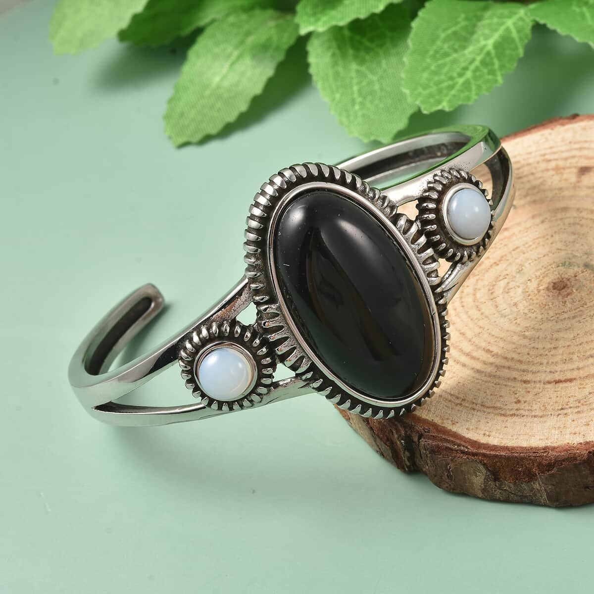Black Agate and Opalite Cuff Bracelet in Stainless Steel (7.25 In) 22.00 ctw image number 1