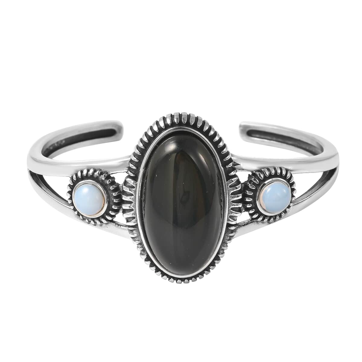 Black Agate and Opalite Cuff Bracelet in Stainless Steel (7.25 In) 22.00 ctw image number 3