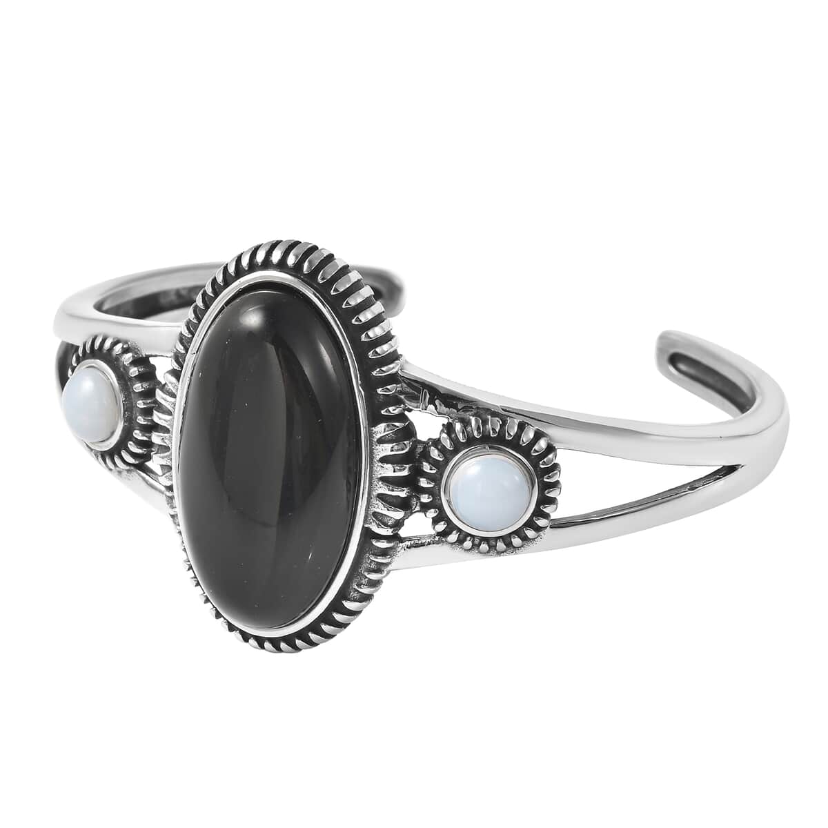 Black Agate and Opalite Cuff Bracelet in Stainless Steel (7.25 In) 22.00 ctw image number 4