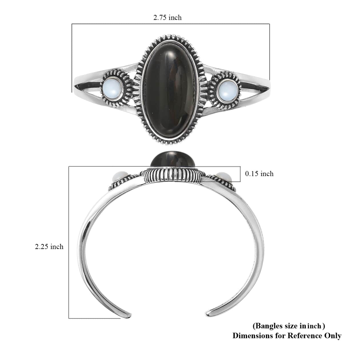 Black Agate and Opalite Cuff Bracelet in Stainless Steel (7.25 In) 22.00 ctw image number 6