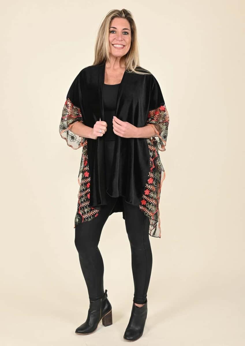 TAMSY Black 100% Polyester Velvet Kimono with Multicolor Floral Embroiderd Sleeve (43"x30") image number 0