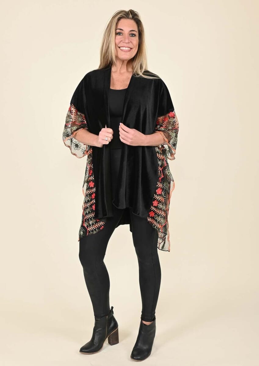 TAMSY Black 100% Polyester Velvet Kimono with Multicolor Floral Embroiderd Sleeve (43"x30") image number 0