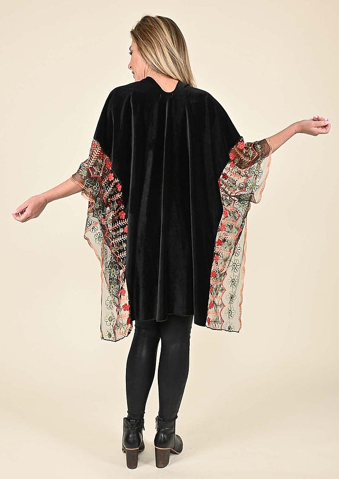 Tamsy Black 100% Polyester Velvet Kimono with Multicolor Floral Embroidered Sleeve