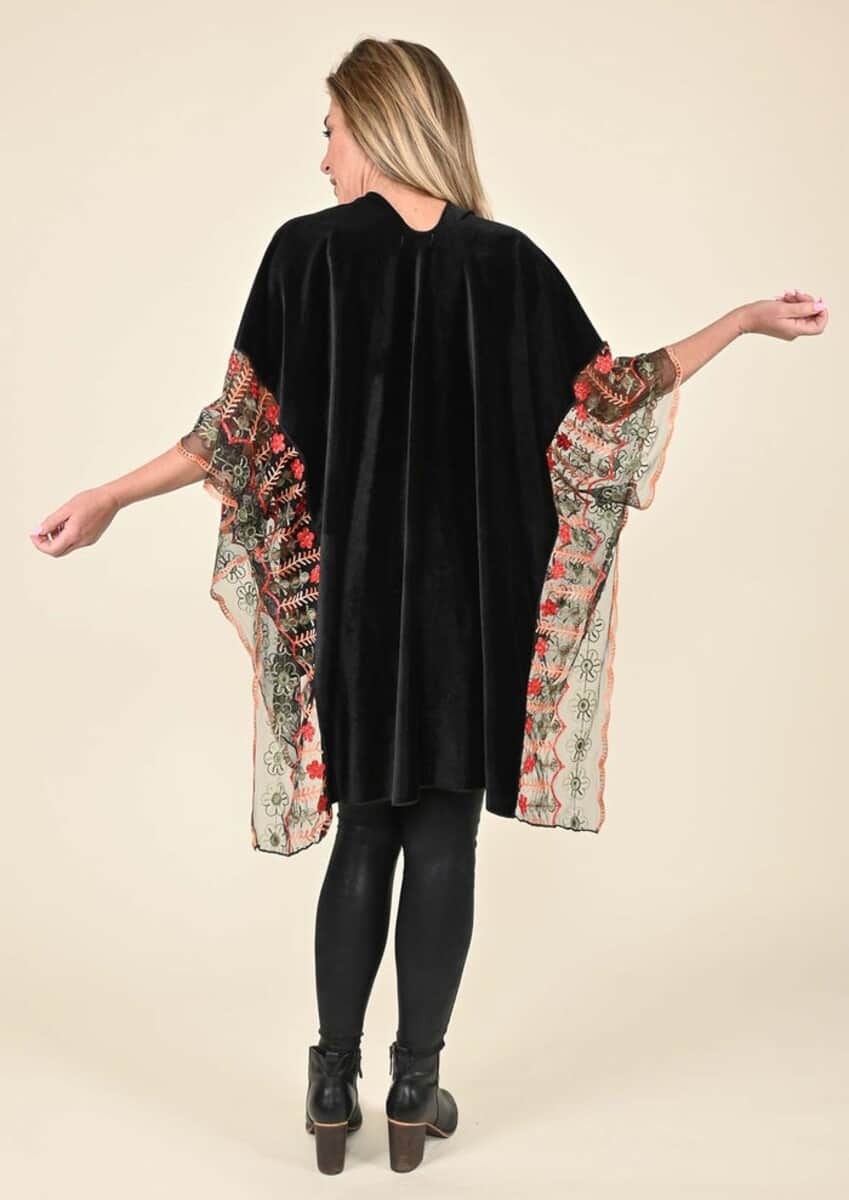 TAMSY Black 100% Polyester Velvet Kimono with Multicolor Floral Embroiderd Sleeve (43"x30") image number 1