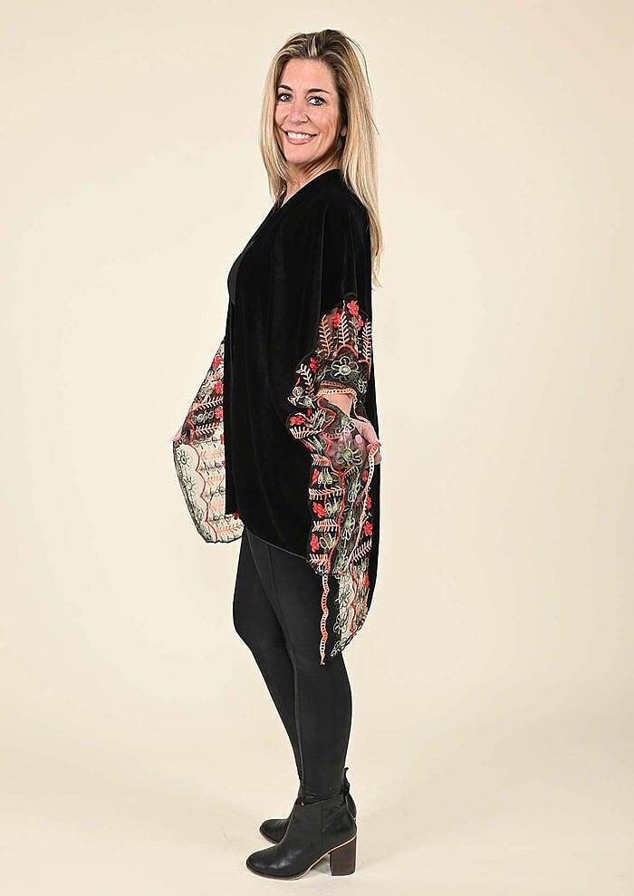 Tamsy Black 100% Polyester Velvet Kimono with Multicolor Floral Embroidered Sleeve