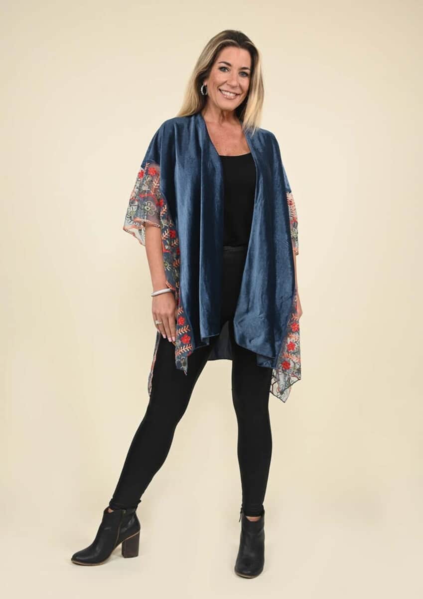 Tamsy Black Label - Slate Blue Velvet Kimono with Multicolor Floral Embroidered Sleeve image number 0