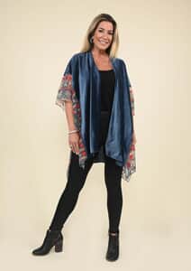 Tamsy Black Label - Slate Blue Velvet Kimono with Multicolor Floral Embroidered Sleeve