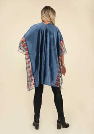 Tamsy Black Label - Slate Blue Velvet Kimono with Multicolor Floral Embroidered Sleeve image number 1