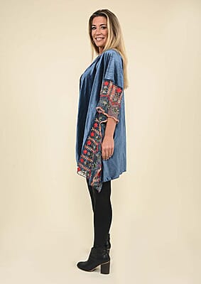 Tamsy Black Label - Slate Blue Velvet Kimono with Multicolor Floral Embroidered Sleeve