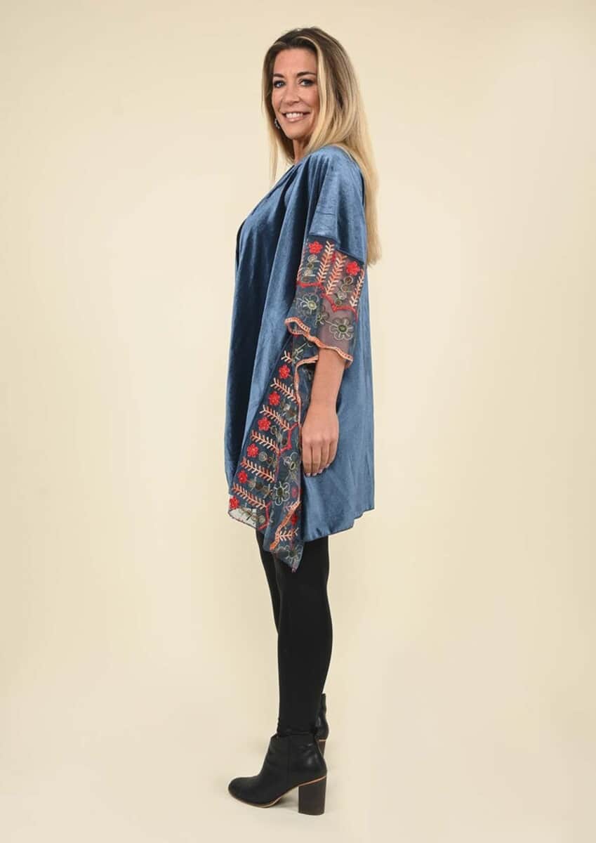 Tamsy Black Label - Slate Blue Velvet Kimono with Multicolor Floral Embroidered Sleeve image number 2