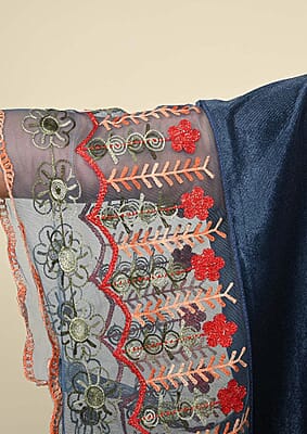 Tamsy Black Label - Slate Blue Velvet Kimono with Multicolor Floral Embroidered Sleeve