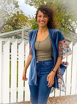 Tamsy Black Label - Slate Blue Velvet Kimono with Multicolor Floral Embroidered Sleeve