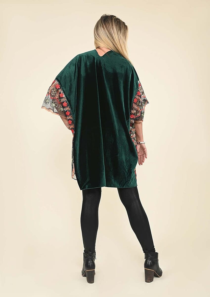Tamsy Emerald Green 100% Polyester Velvet Kimono with Multicolor Floral Embroidered Sleeve image number 1