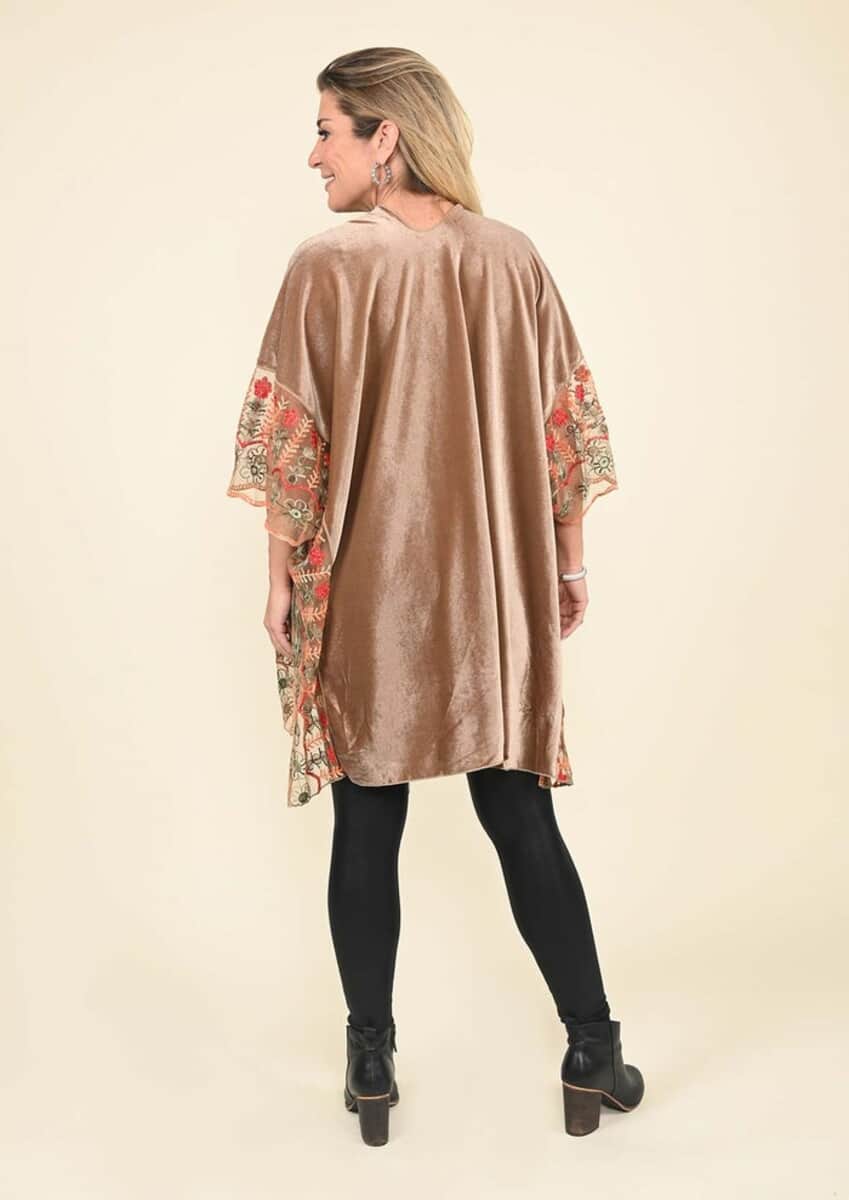 Tamsy Black Label - Carmel Velvet Kimono with Multicolor Floral Embroidered Sleeve image number 1