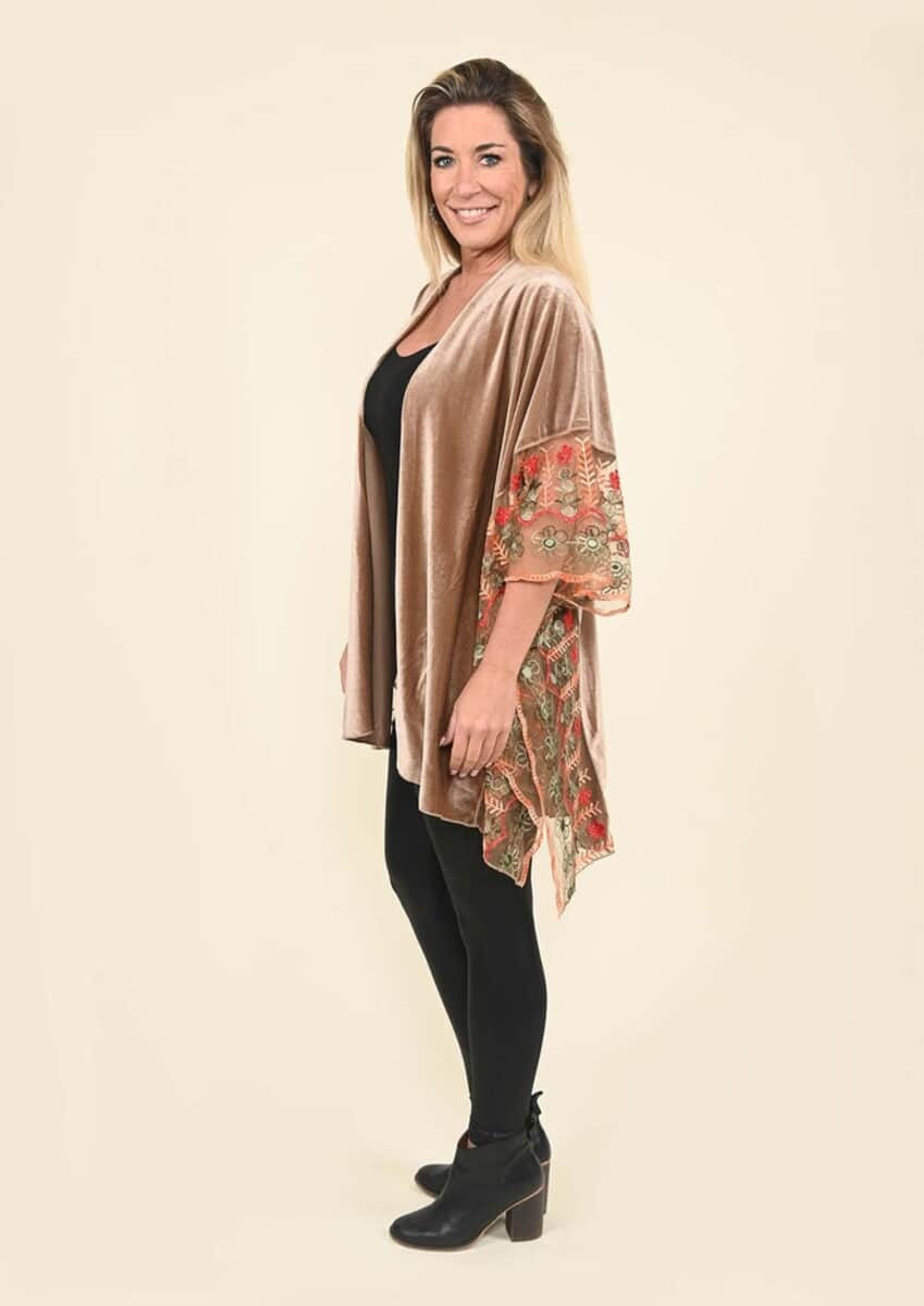 Tamsy Black Label - Carmel Velvet Kimono with Multicolor Floral Embroidered Sleeve image number 2