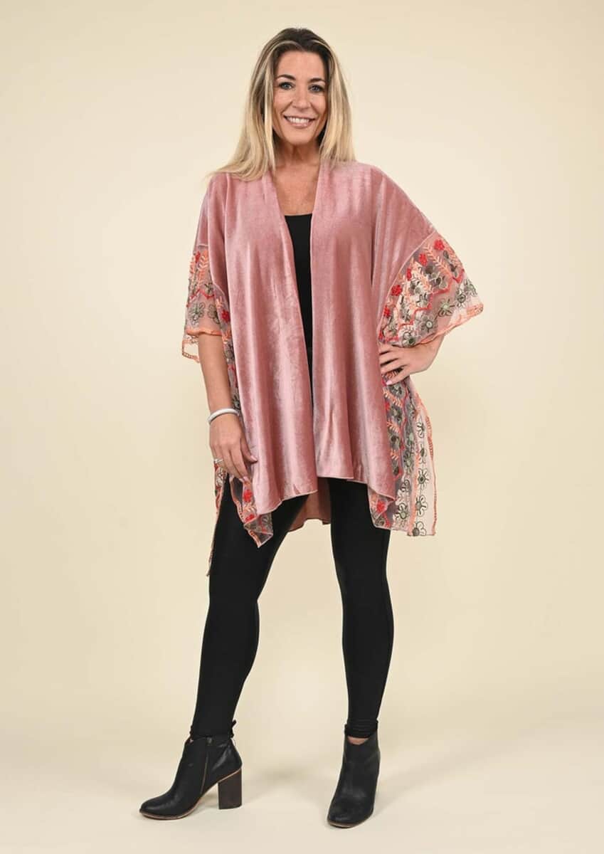 Tamsy Rose 100% Polyester Velvet Kimono with Multicolor Floral Embroidered Sleeve image number 0