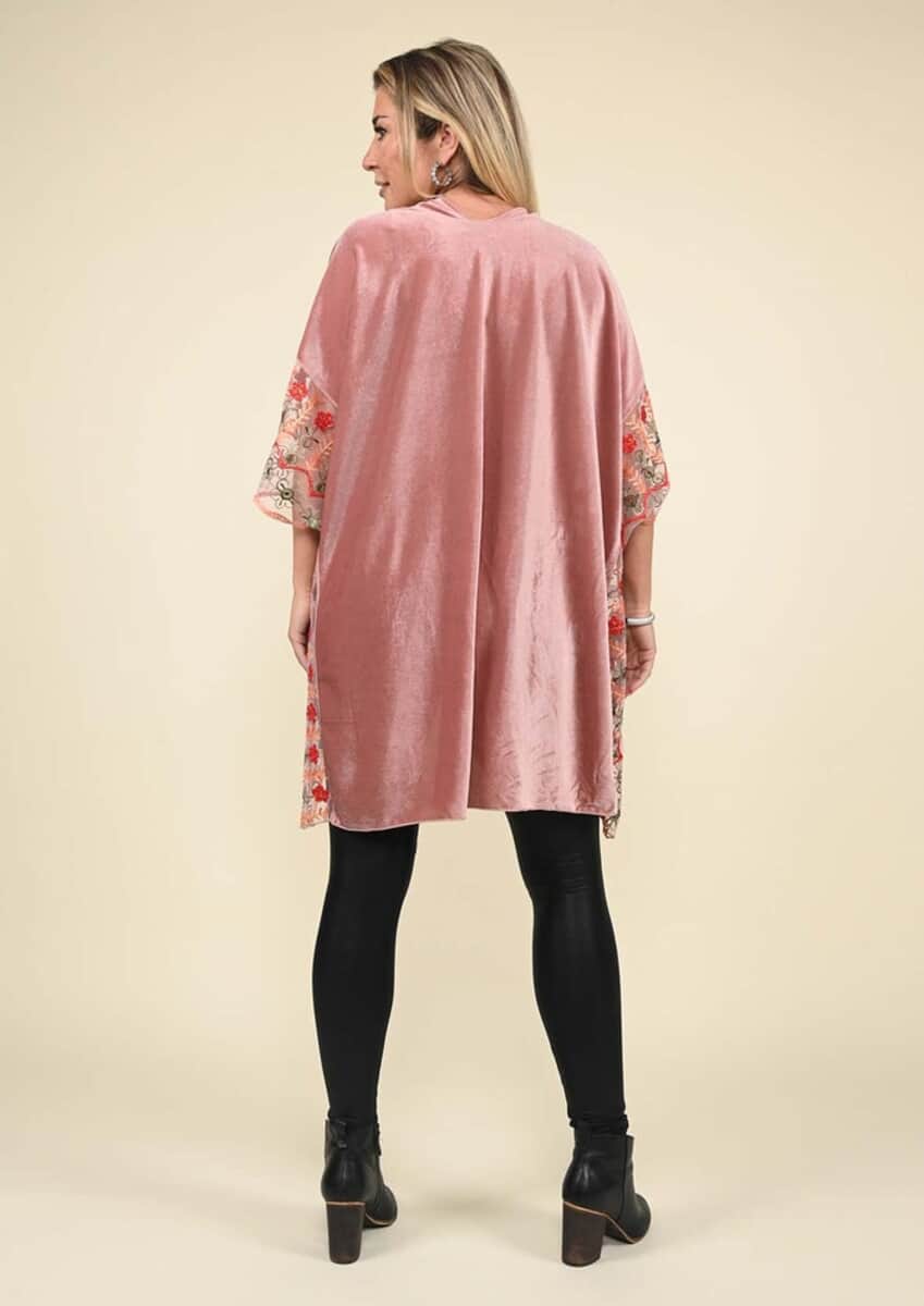 Tamsy Rose 100% Polyester Velvet Kimono with Multicolor Floral Embroidered Sleeve image number 1