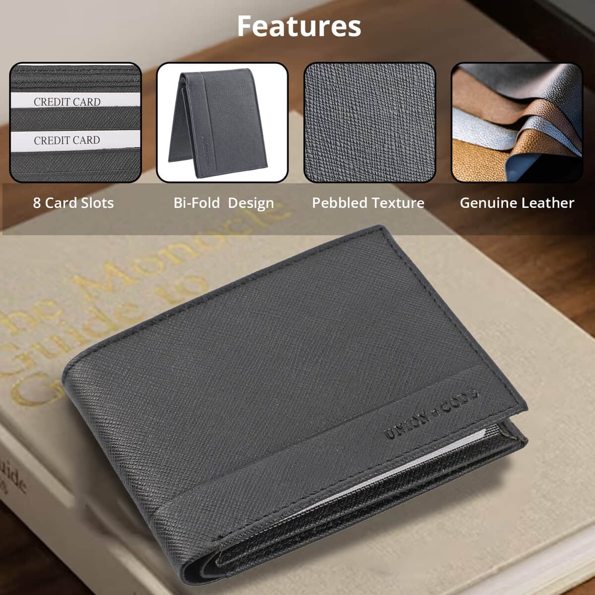UNION CODE Black Genuine Leather RFID Bi Fold Men's Wallet image number 3