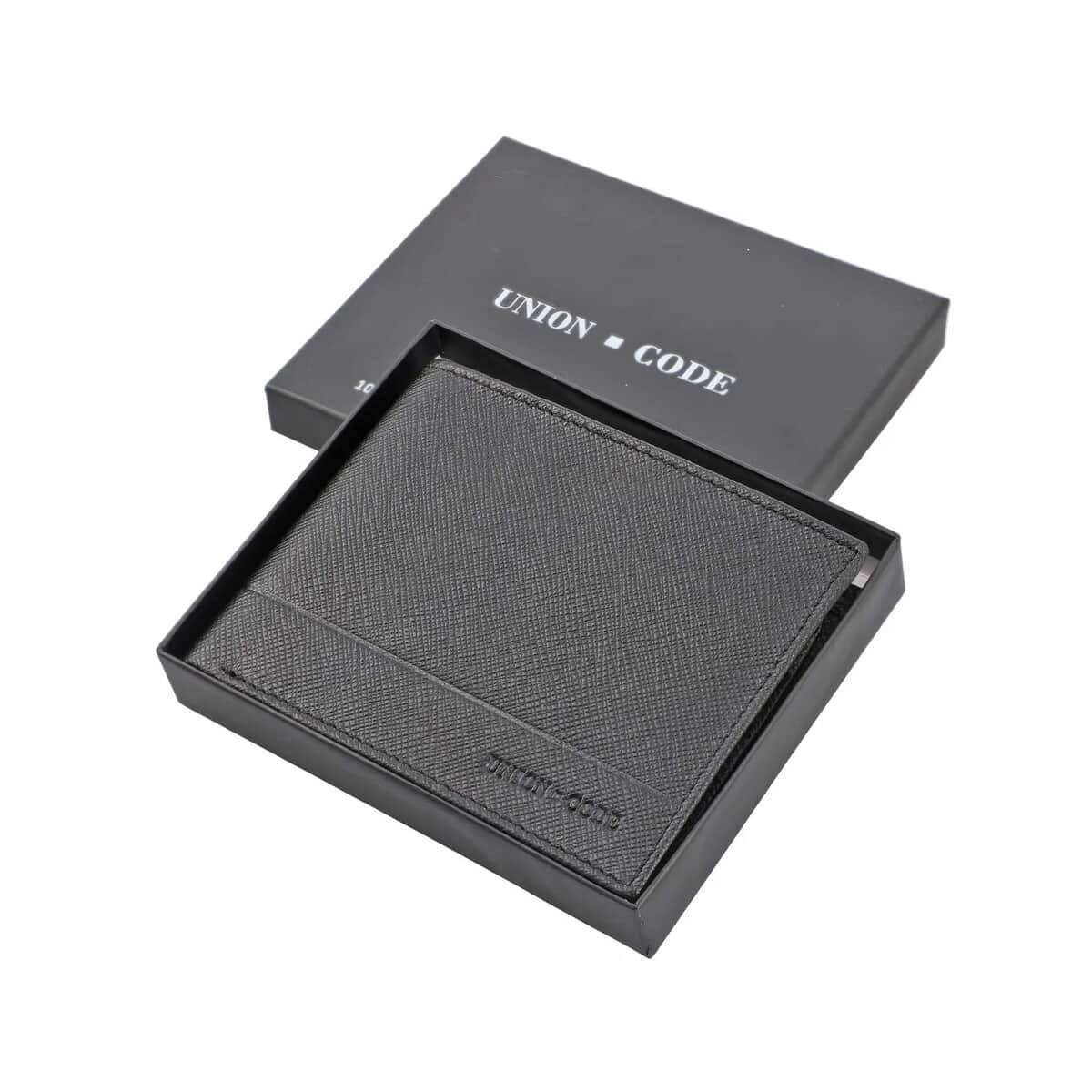 UNION CODE Black Genuine Leather RFID Bi Fold Men's Wallet image number 6