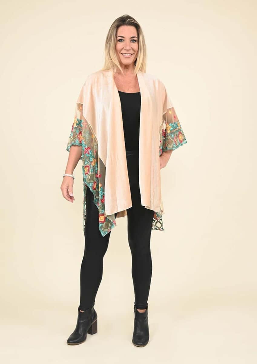 Tamsy Black Label - Cream Velvet Kimono with Multicolor Floral Embroidered Sleeve image number 0