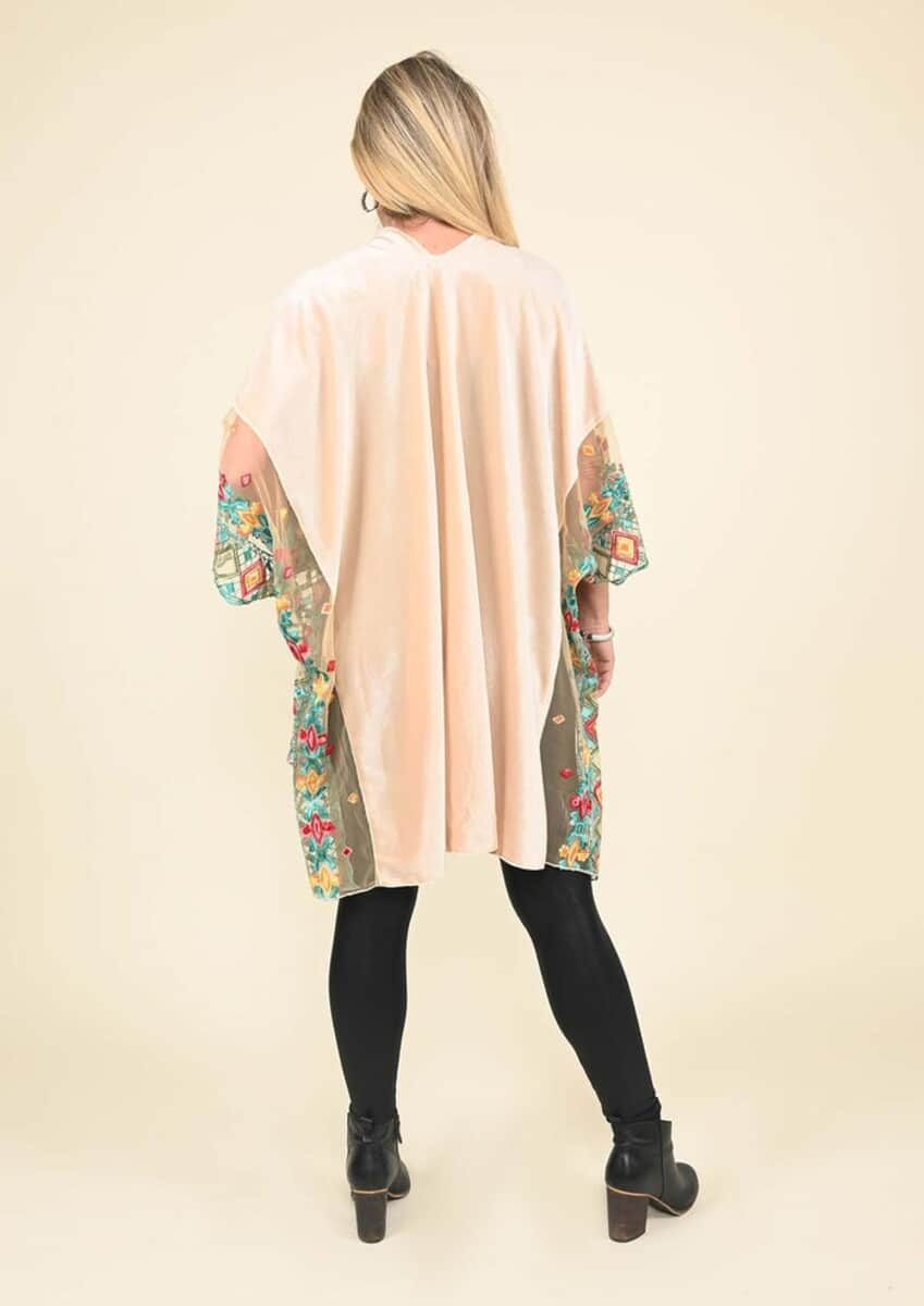 Tamsy Black Label - Cream Velvet Kimono with Multicolor Floral Embroidered Sleeve image number 1