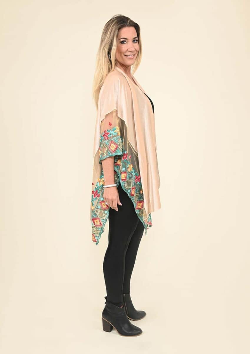 Tamsy Black Label - Cream Velvet Kimono with Multicolor Floral Embroidered Sleeve image number 2