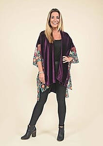 Tamsy Black Label - Purple Velvet Kimono with Multicolor Floral Embroidered Sleeve