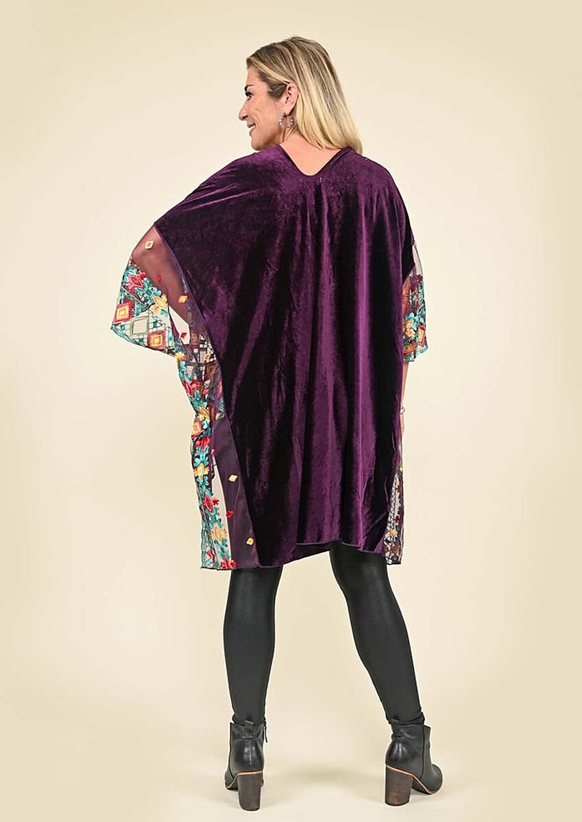 Tamsy Black Label - Purple Velvet Kimono with Multicolor Floral Embroidered Sleeve image number 1
