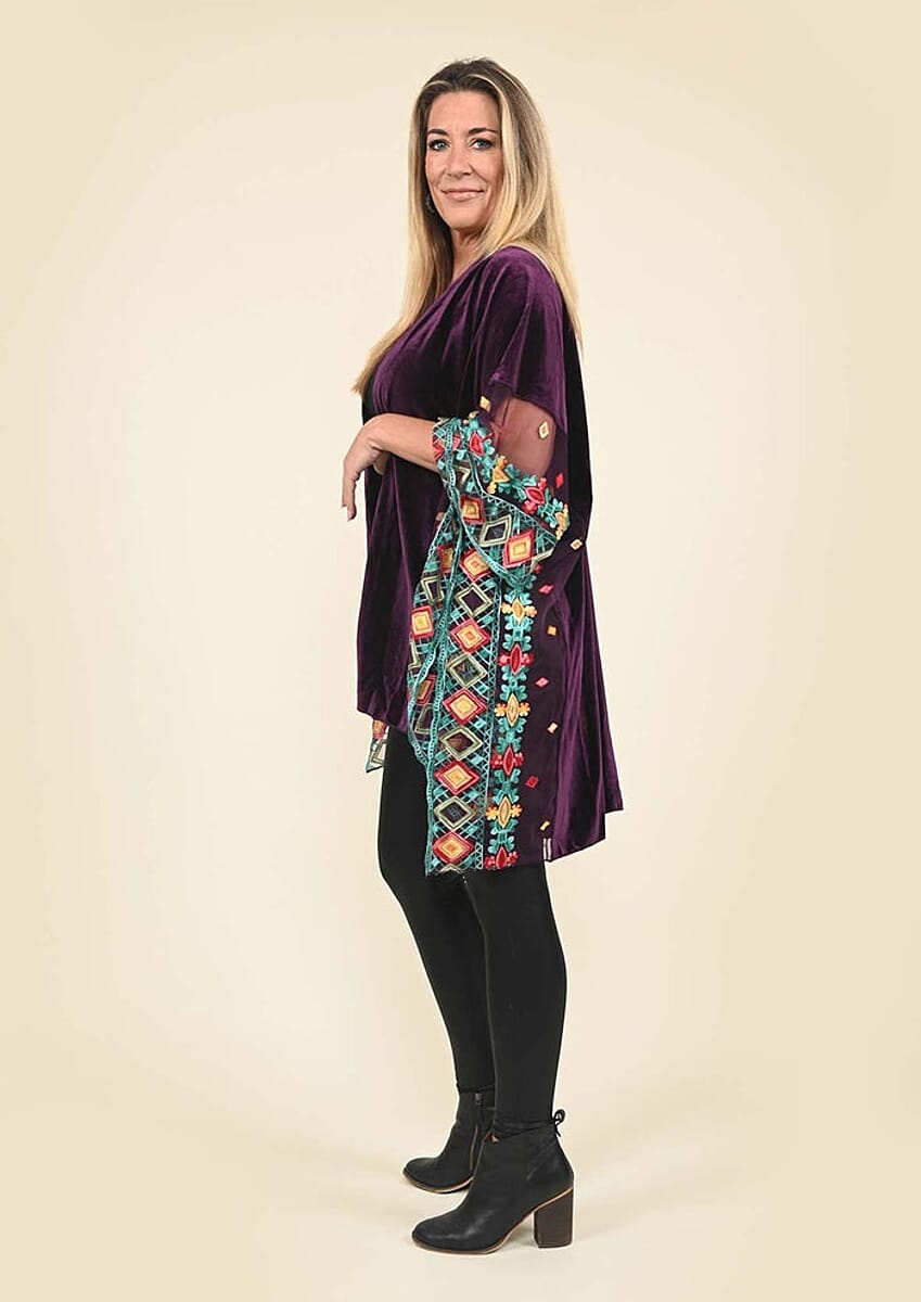 Tamsy Black Label - Purple Velvet Kimono with Multicolor Floral Embroidered Sleeve image number 2