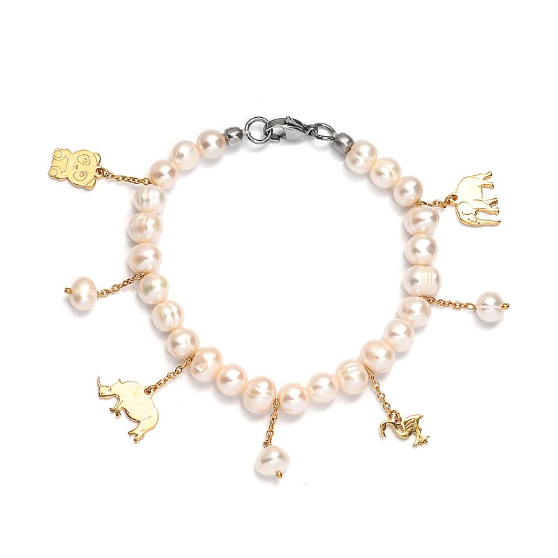 Karis Freshwater Pearl Bracelet with Animals Charm in 18K YG Plated and Platinum Bond (7.25 In)