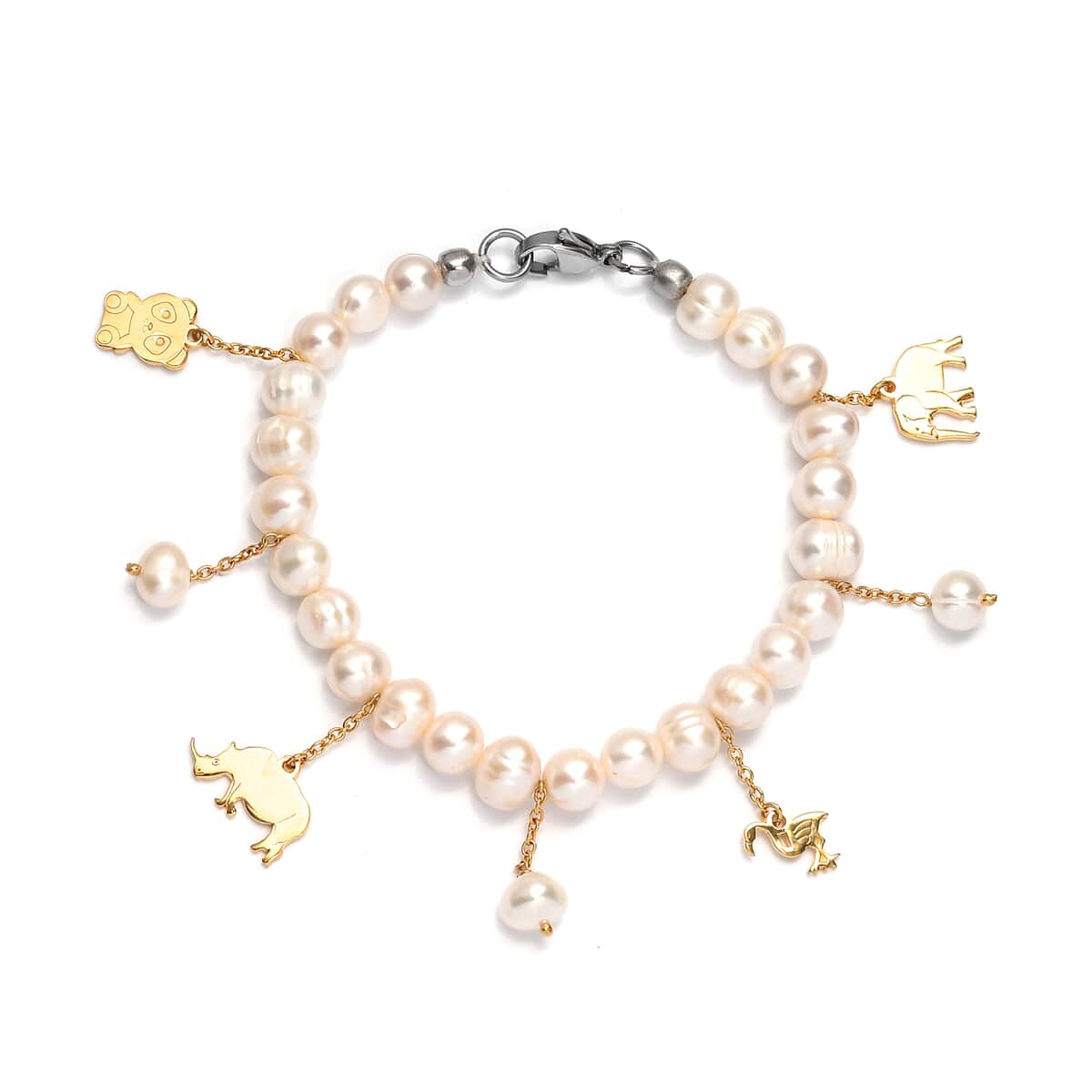 Karis Freshwater Pearl Bracelet with Animals Charm in 18K YG Plated and Platinum Bond (7.25 In) image number 0
