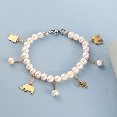 Karis Freshwater Pearl Bracelet with Animals Charm in 18K YG Plated and Platinum Bond (7.25 In)