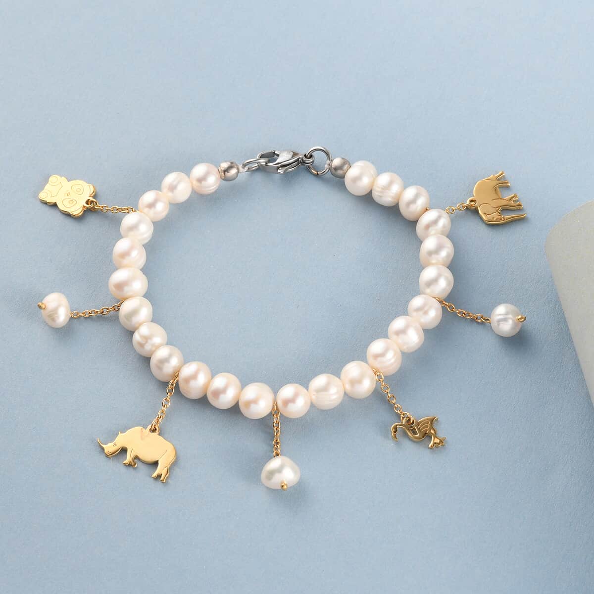 Karis Freshwater Pearl Bracelet with Animals Charm in 18K YG Plated and Platinum Bond (7.25 In) image number 1