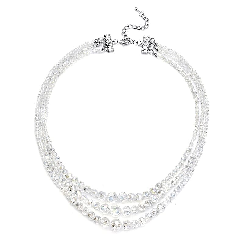 White Mystic Color Glass Beaded 3 Row Necklace 20-22 Inches in Silvertone