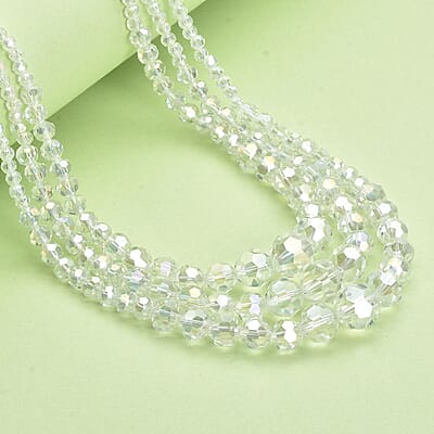 White Mystic Color Glass Beaded 3 Row Necklace 20-22 Inches in Silvertone