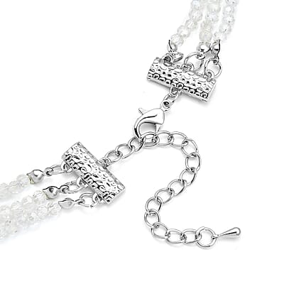 White Mystic Color Glass Beaded 3 Row Necklace 20-22 Inches in Silvertone