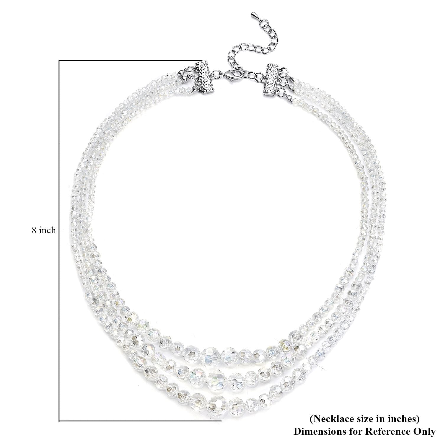 White Mystic Color Glass Beaded 3 Row Necklace 20-22 Inches in Silvertone