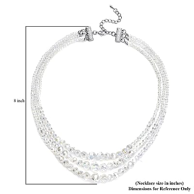 White Mystic Color Glass Beaded 3 Row Necklace 20-22 Inches in Silvertone