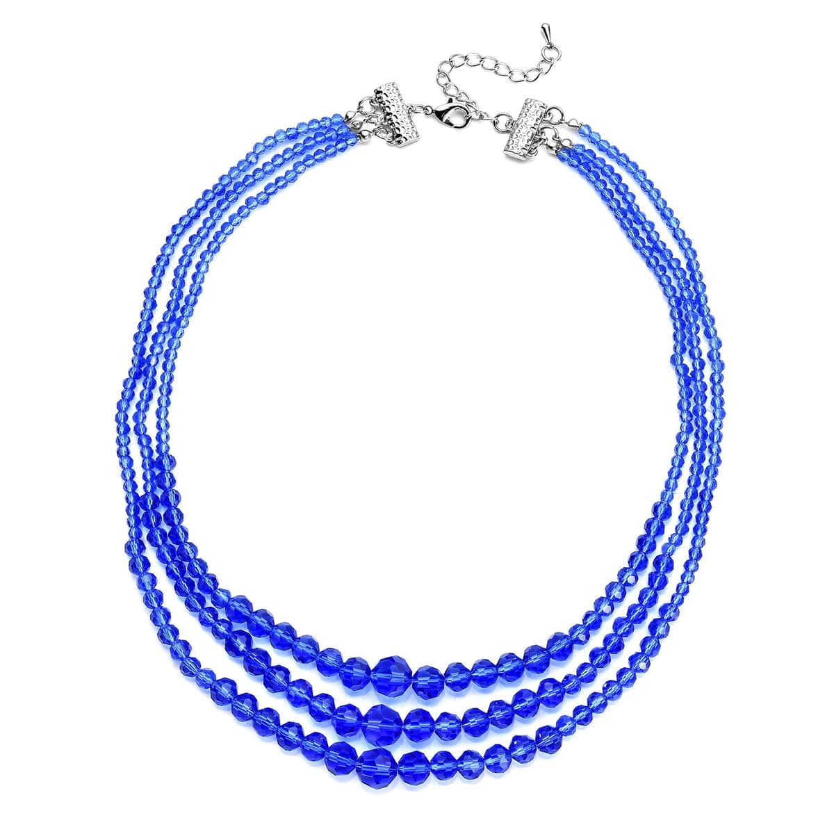 Tanzanite Blue Color Glass Beaded 3 Row Necklace 20-22 Inches in Silvertone image number 0